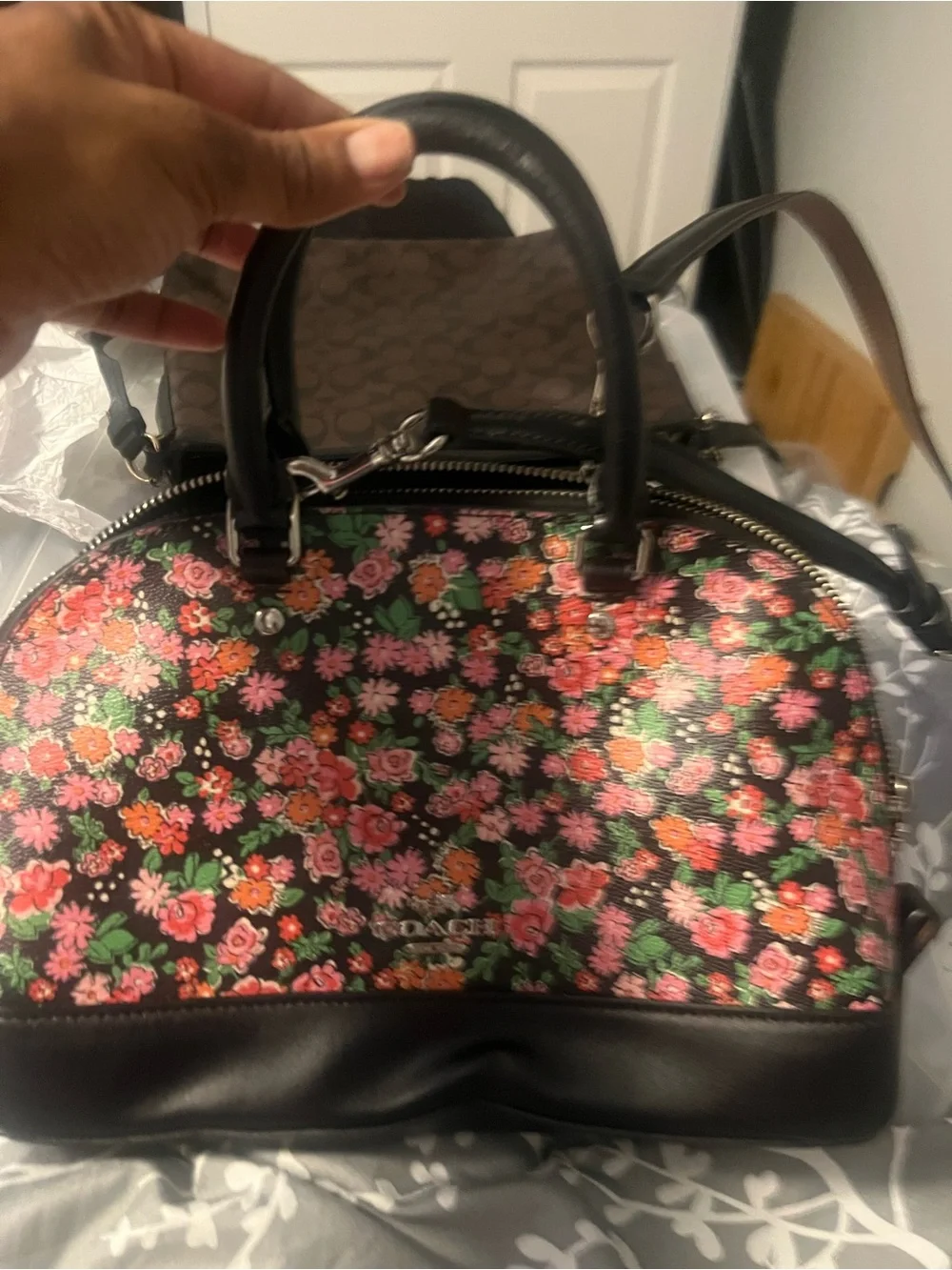 COACH Black Floral Dome Satchel with Pink and Green Accents like new